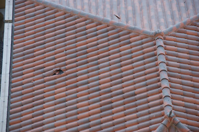 Broken tile roof shingles likely from malicious vandalism